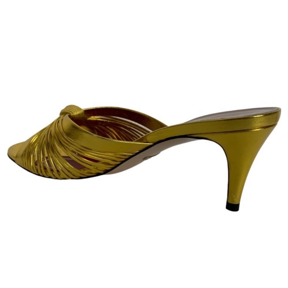 GUCCI Metallic Nappa Crawford Knotted Mid Heel Slides Gold 3-inch kitten heel. - Picture 3 of 6